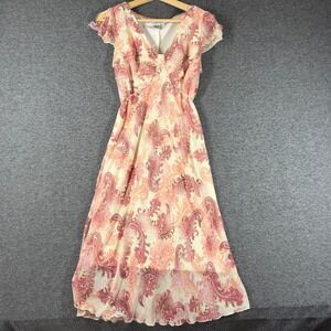 La Belle Vintage Y2K Pink Paisley Chiffon Midi Dress Flutter Sleeve Size 11